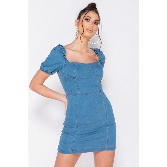 Blue Denim Jeans Short Sleeve Bodycon Mini Dress - Picture 11 of 15